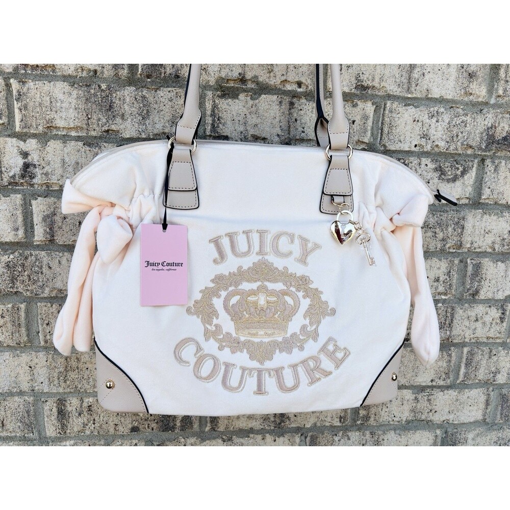 NWT Juicy Couture Falling For Juicy Tote Soft White Embroidered Gold Crown Bow
